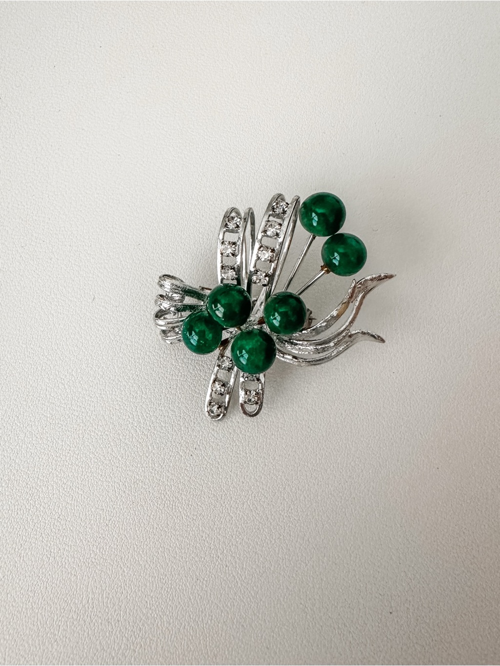 Vintage Silver-Tone Brooch with Emerald Green Cabochons